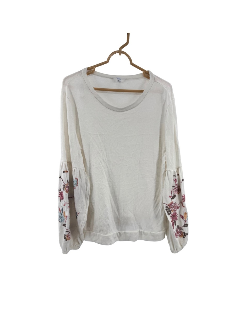 Women’s Cream Knit Top with Floral Embroidered drop shoulder balloon Sleeves XL